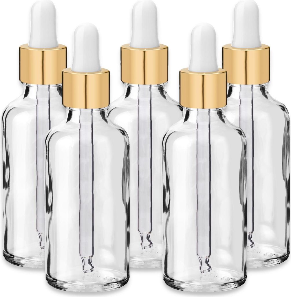 x5 Glasflasche klar 50 ml mit goldener Aluminiumpipette leer für Öl