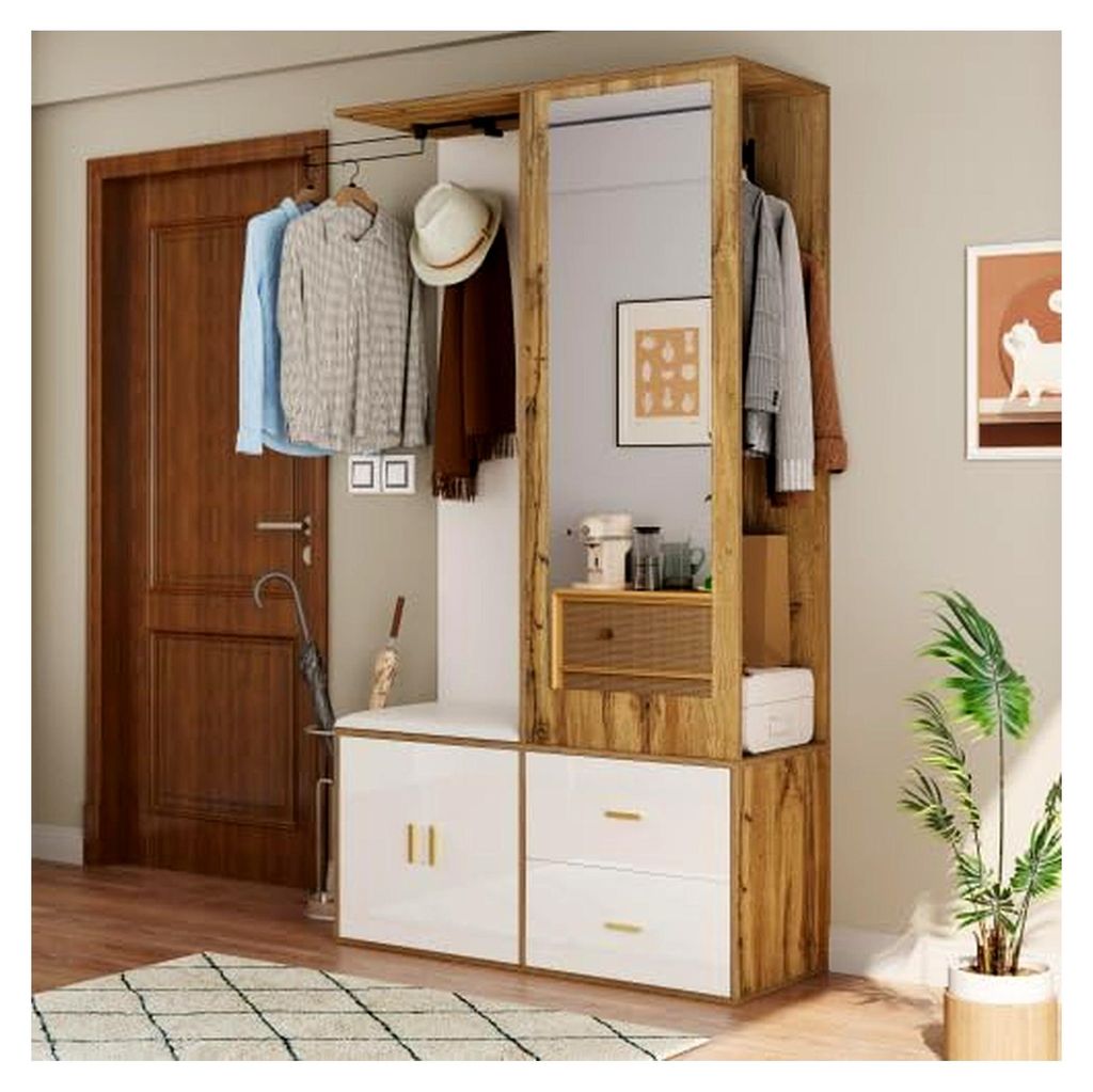 Flurgarderobe Garderobenset mit Spiegel und Schuhregal - Weiß-Holz Design, ausziehbare Kleiderstange, Sitzbank und versteckter Hängebereich, 100x...