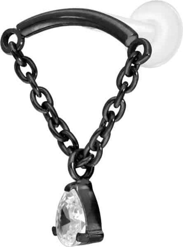 Ohrpiercing, Nasenpiercing PTFE Labret mit Innengewinde + Titan-Aufsatz BOGEN + KETTE + KRISTALLTROPFEN Schwarz Stablänge: 8mm | Stabstärke: 1,2mm