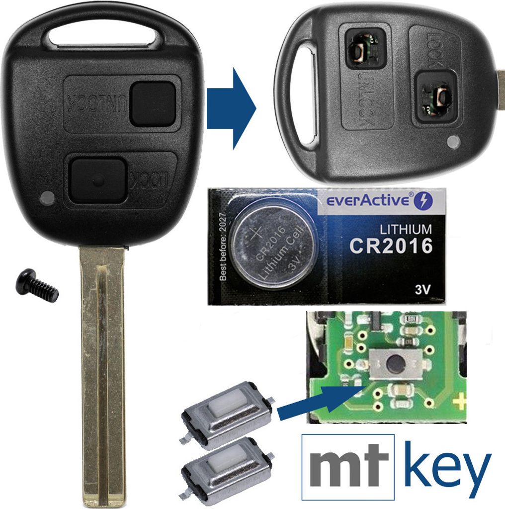 Auto Schlüssel Funk Fernbedienung 1x Gehäuse 2 Tasten TOY40 + 1x Tastenfeld + 2X Mikrotaster + 1x CR2016 Batterie kompatibel mit Toyota