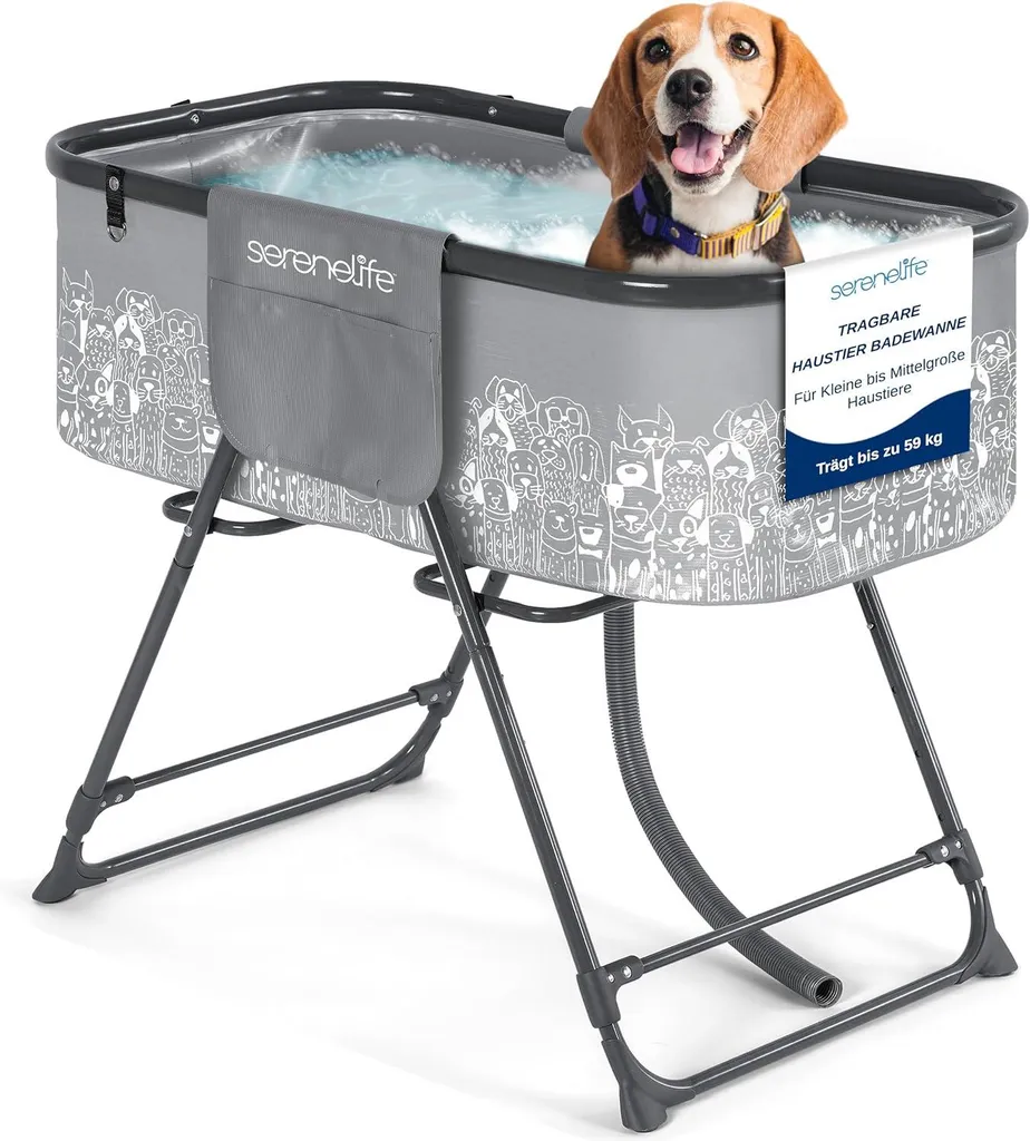 Vasca da bagno per cani SereneLife, vasca da bagno pieghevole e rialzata con scarico e cintura a 3 punti, per cani e gatti di taglia piccola e media, fino a 59 kg