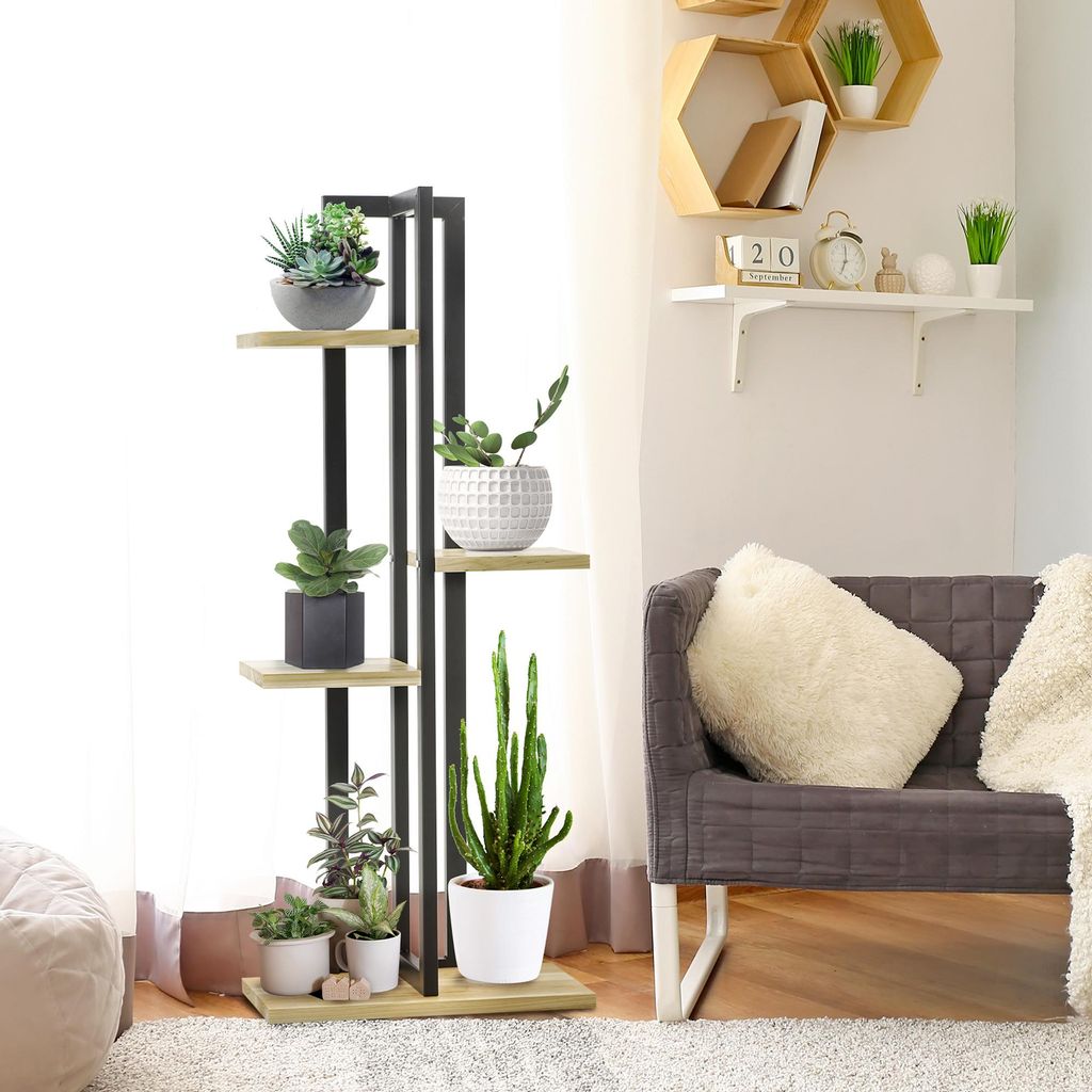 Pflanzenständer 4 Ebenen Industriedesign, Blumentreppe Metall-Tannenholz, Blumenständer hoch, Schwarz-Natur | 45x25x110 cm | 15 kg je Ablage