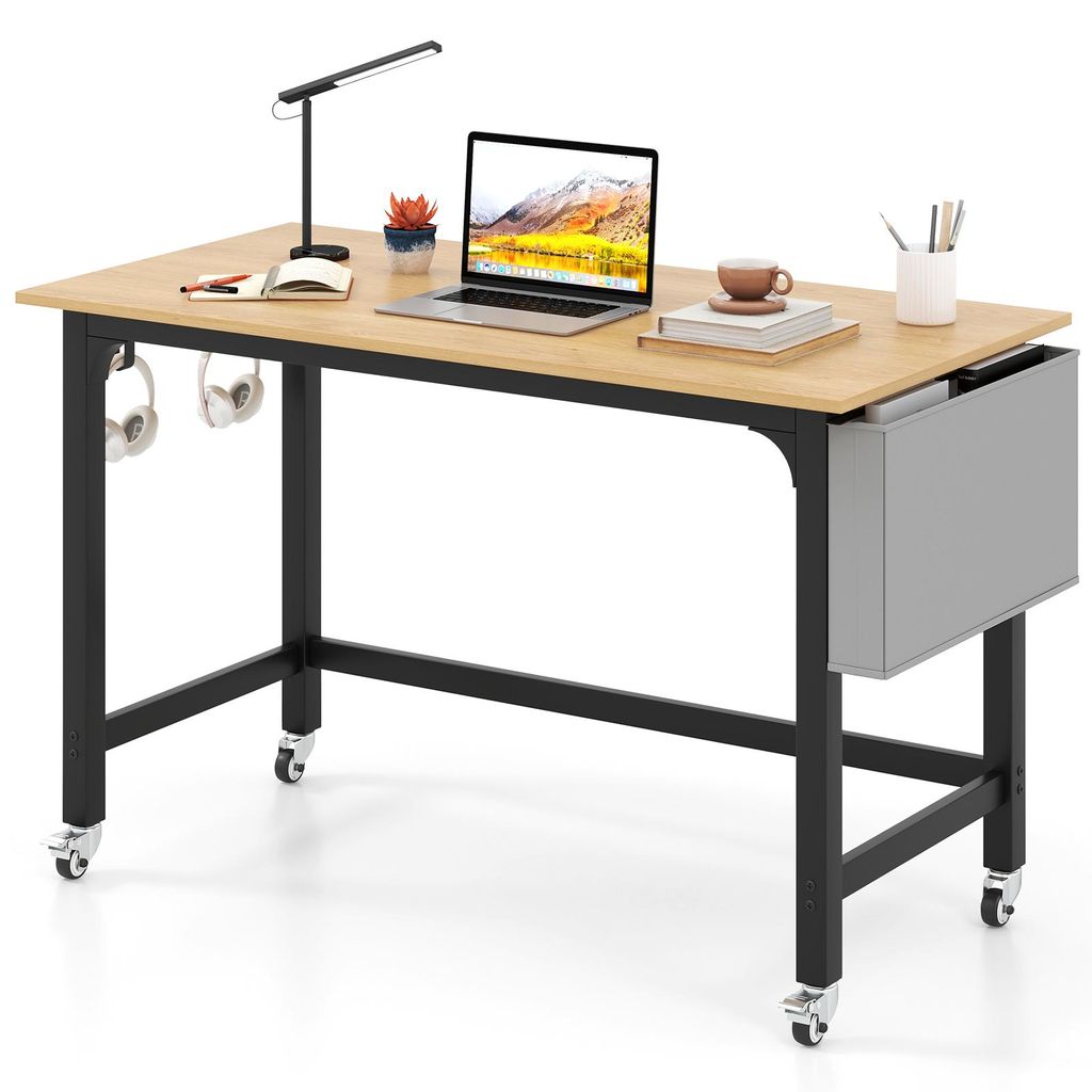 COSTWAY Schreibtisch, Computertisch mit 4 Rädern, Stofftasche & Kopfhörerhaken, Arbeitstisch, Bürotisch rollbar, PC-Tisch, 120x60x75cm, Natur