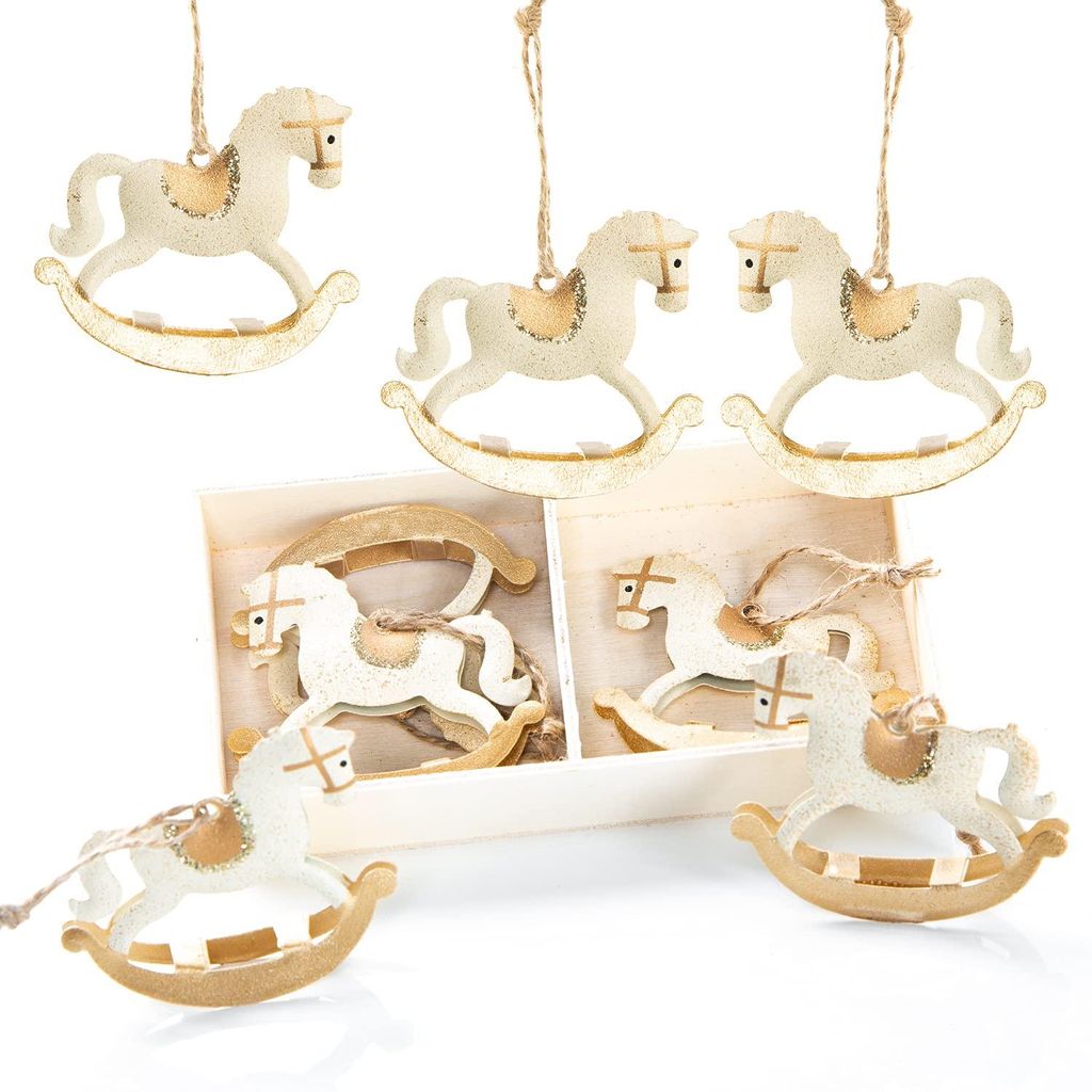 8 Schaukelpferd Weihnachtsbaumanhänger cremefarben gold - Produktbild 