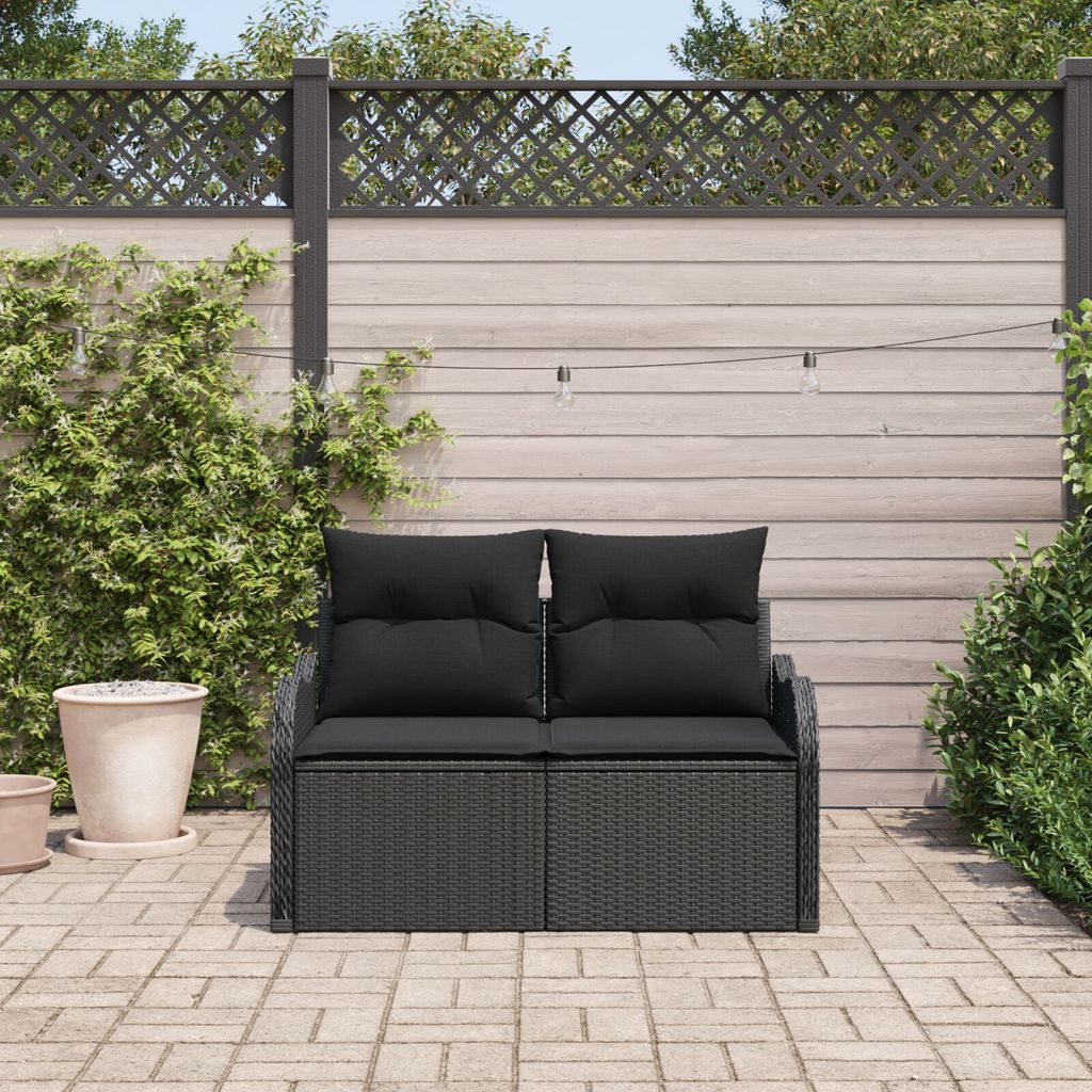 ZMH 2-Sitzer Garten-Sofa mit Stauraum und Kissen Schwarz Poly-Rattan