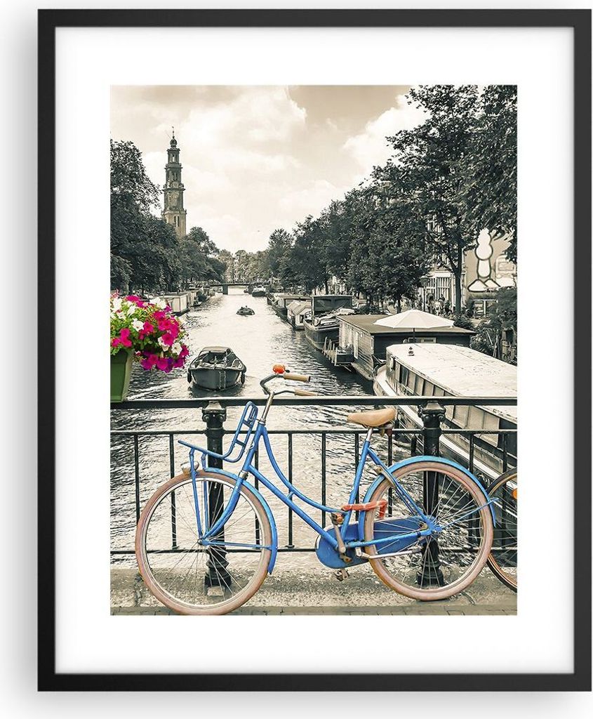 Gerahmtes Poster - Schwarzer Rahmen - Amsterdam Fahrräder Brücke - 40x50 cm - Wand Bild - Wanddeko - Wandbilder - Kunstposter - Wandposter - Bild...