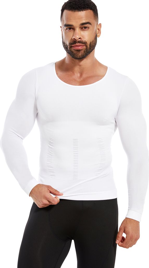Herren Langarm Kompressionsshirts Shapewear Oberteile Body Shaper Unterhemd Weiß M