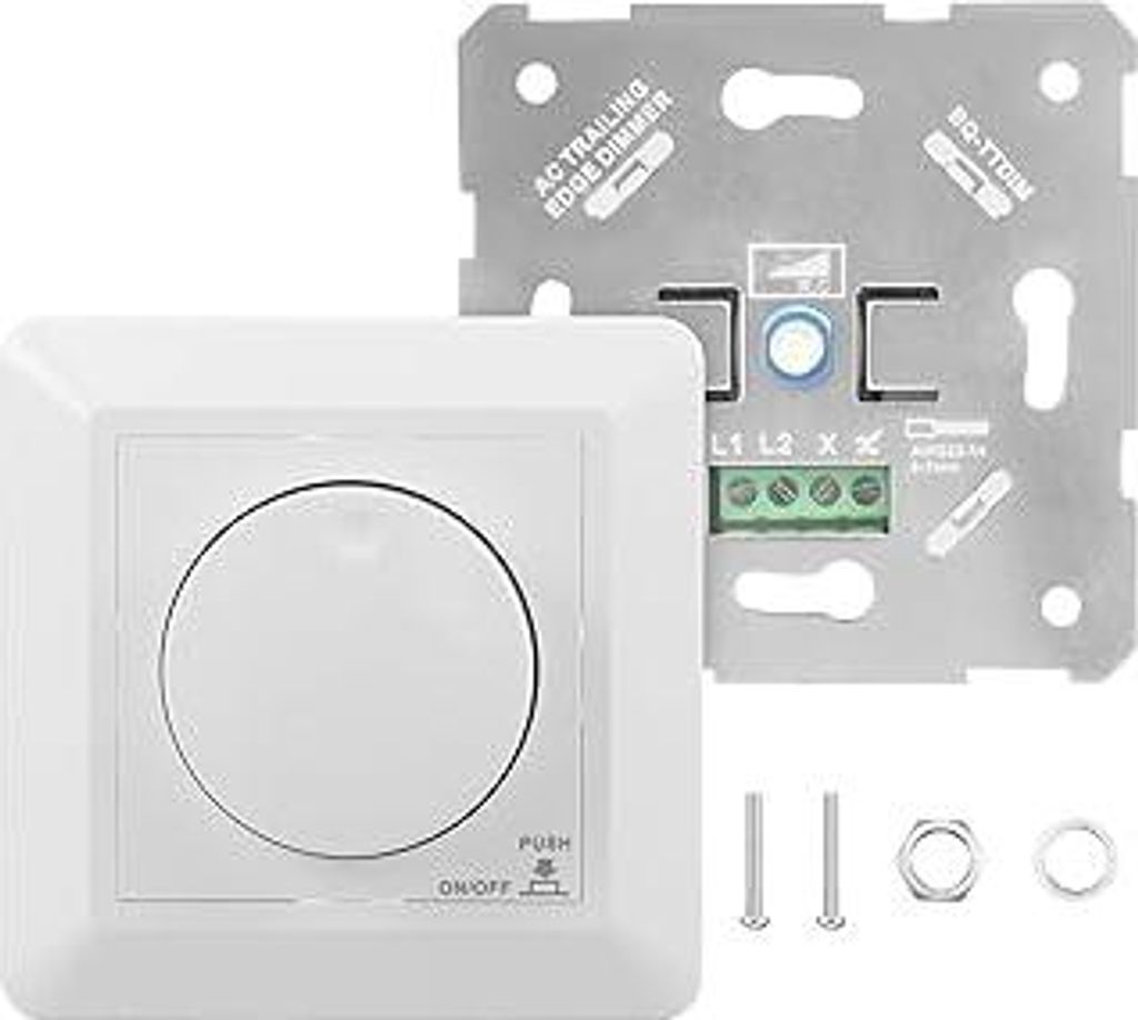 LED Dimmer Schalter Drehdimmer Ultra Sicher 0-100% 5-300W, 230V Dimmschalter für dimmbare LEDs/Halogen/Glühlampen, weiße Abdeckplatte IP20 flack...