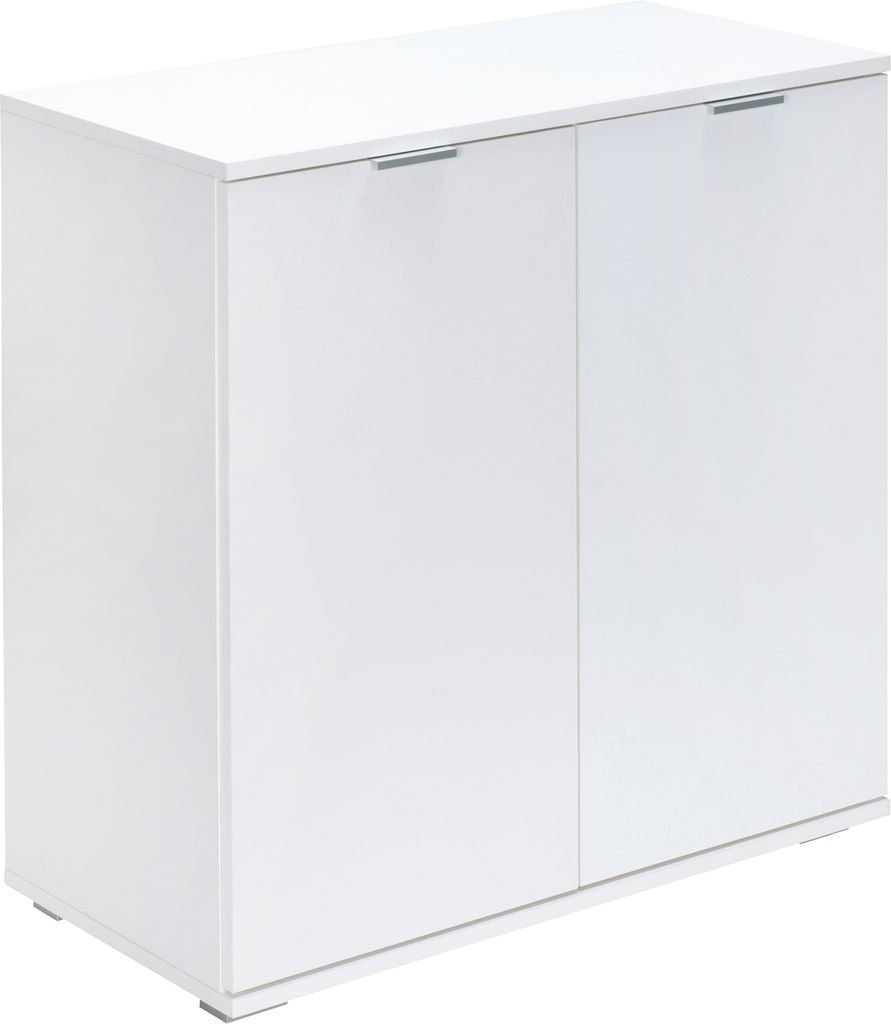 A white cabinet with two doors is shown against a white background.
