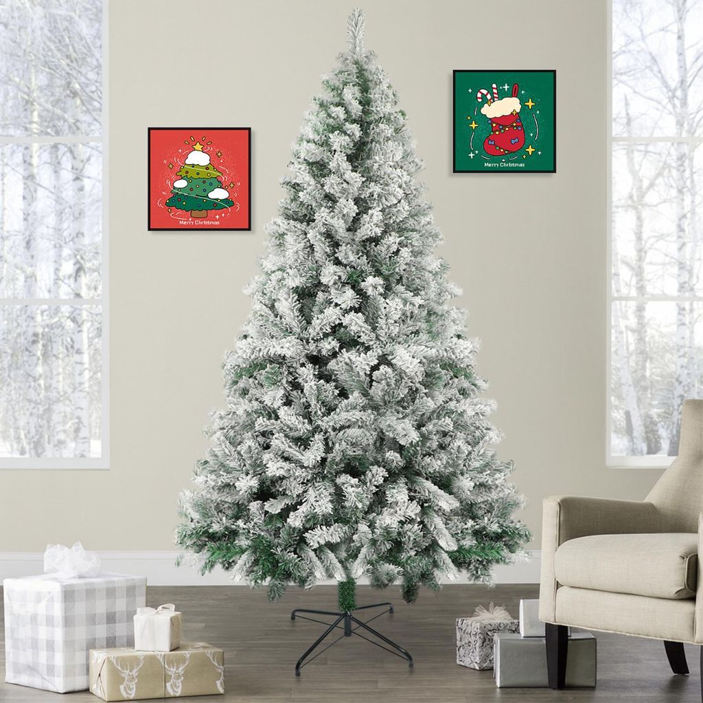 ZMH 210cm Künstlicher Weihnachtsbaum PVC Zedernbaumform Weiß Schneeflocken Christbaum für Weihnachten Dekoration Schnelle Montage