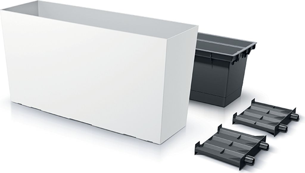 A white planter box, a black insert, and two black support pieces are arranged on a white background.
