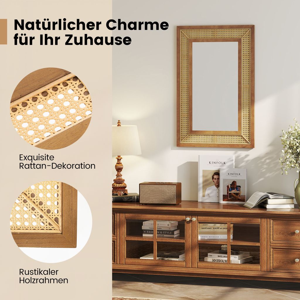 COSTWAY Rattan Wandspiegel – 90 X 60 Cm, Holzrahmen, Mit 4 Haken, Horizontal/vertikal Montierbar, Für Wohnzimmer & Flur