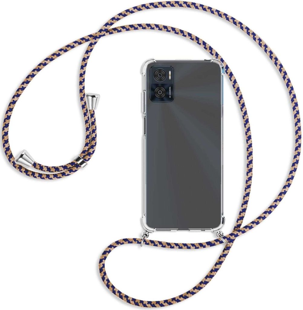 Handykette Backcover-Schutzhülle mit Band (Metall silberfarben) für Motorola Moto E22, Moto E22i 4G - blau+beige
