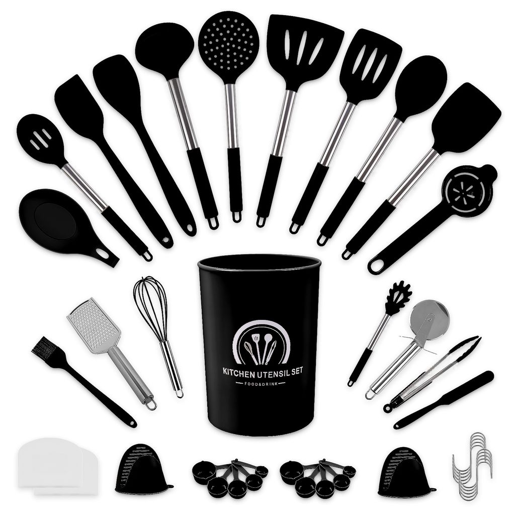 Küchenhelfer Set 45 tlg aus Silikon, Kochutensilien Set mit Utensilienhalter, Spülmaschinenfest, Antihaft Hitzebeständiger Küchenset, Schwarz