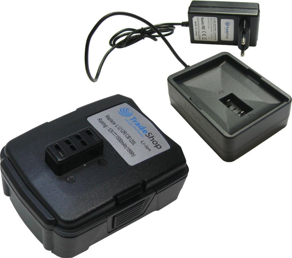 Trade-Shop 2in1 Set: Li-Ion Akku 12V / 1500mAh / 18Wh + Ladegerät Netzteil für viele AEG Ryobi Elektrowerkzeuge wie BS12CA BID-1201