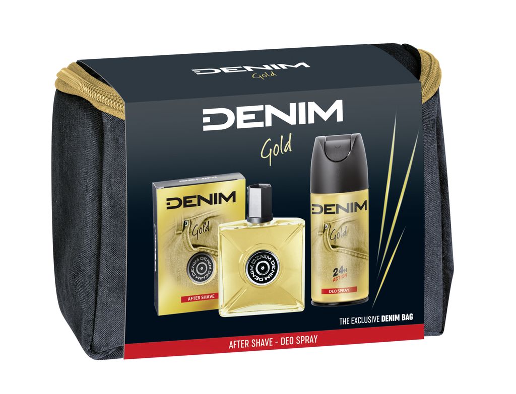 DENIM GOLD Geschenkset for Man mit After Shave 100 ml, Deo Spray 150 ml & Bag