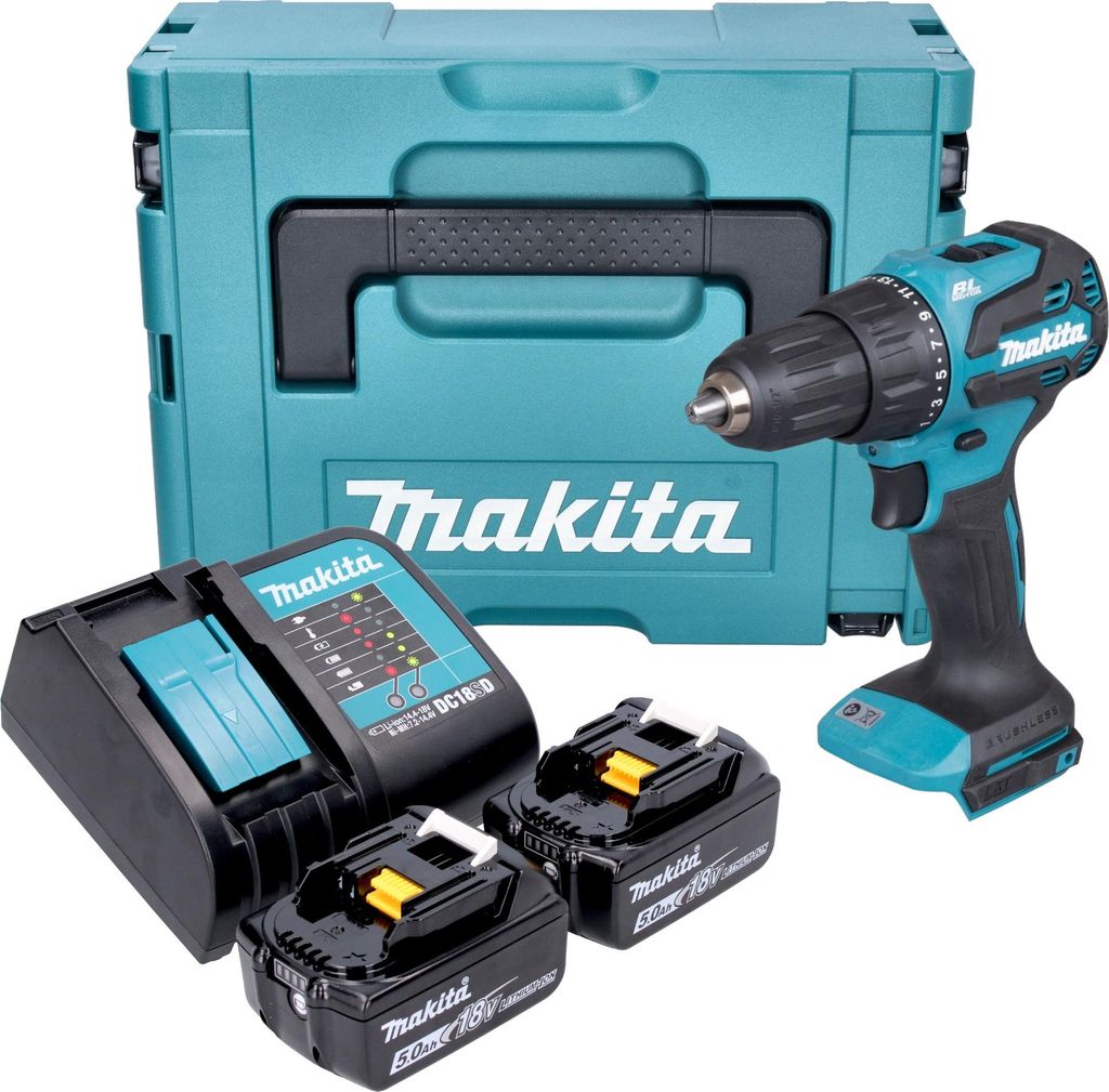Makita DHP 490 STJ Akku Schlagbohrschrauber 18 V 65 Nm Brushless + 2x Akku 5,0 Ah + Ladegerät + Makpac