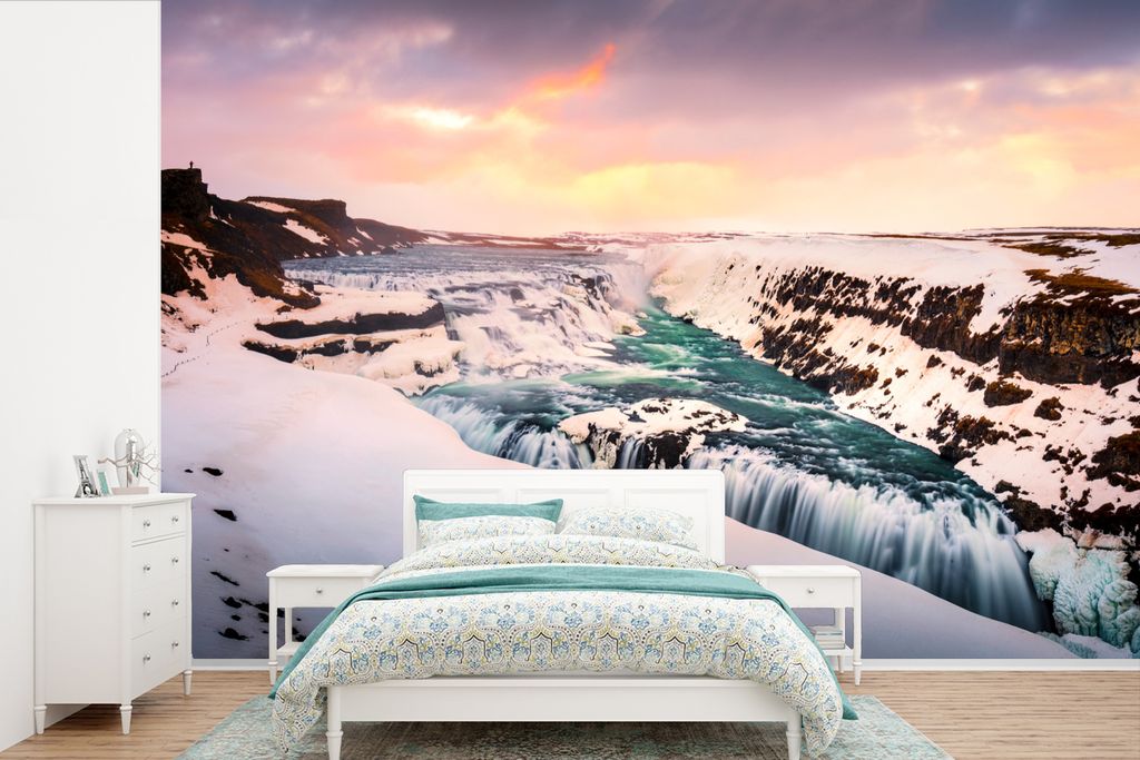 MuchoWow Fototapete für Wohnzimmer oder Schlafzimmer Wandtapete Vinyl Motivtapete Eisbildung am Gullfoss-Wasserfall in Island - 600x400 cm - Vin...