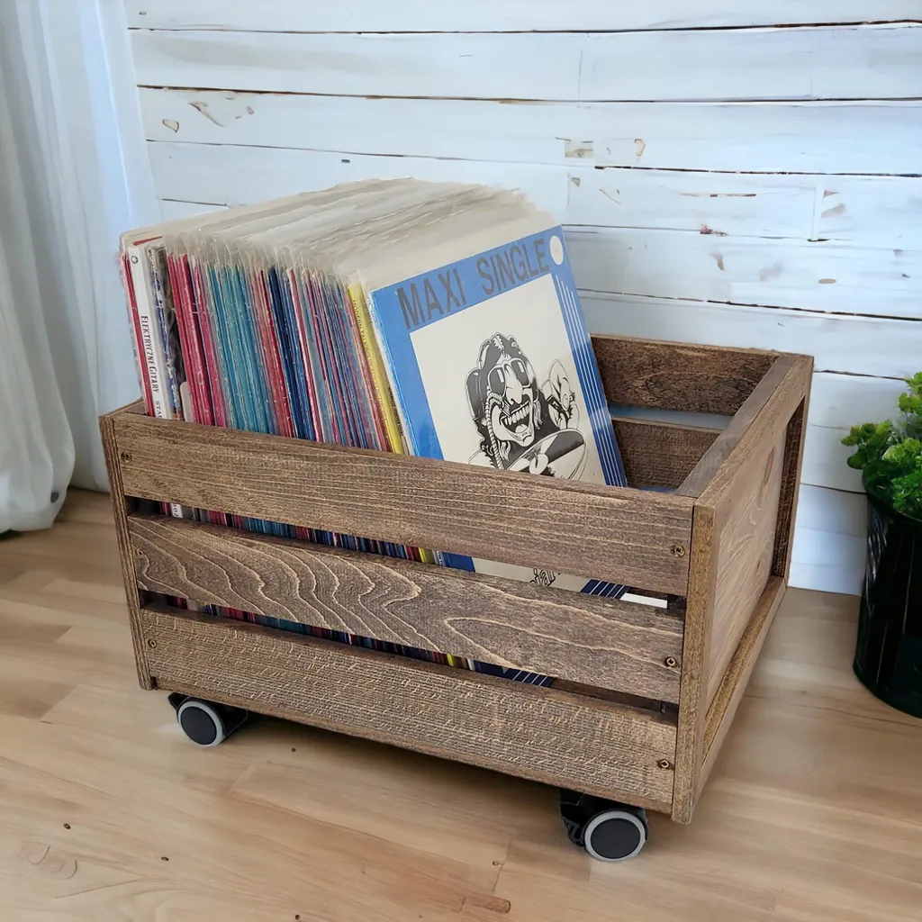 Meuble vinyle wengé sur roulettes, structure ajourée design minimaliste - 5