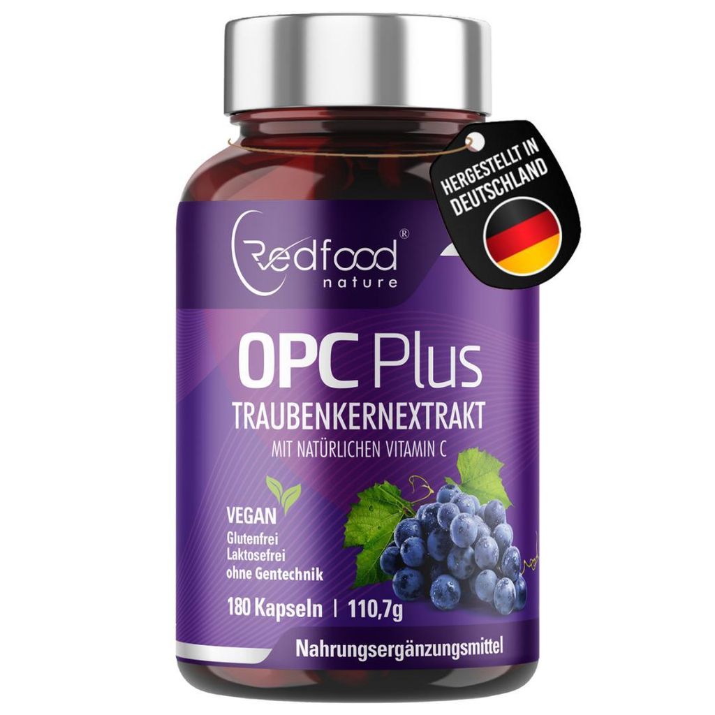 Redfood - OPC Traubenkernextrakt Kapseln mit natürlichem Vitamin C Hochdosiert - Vegan - 180 Kapseln
