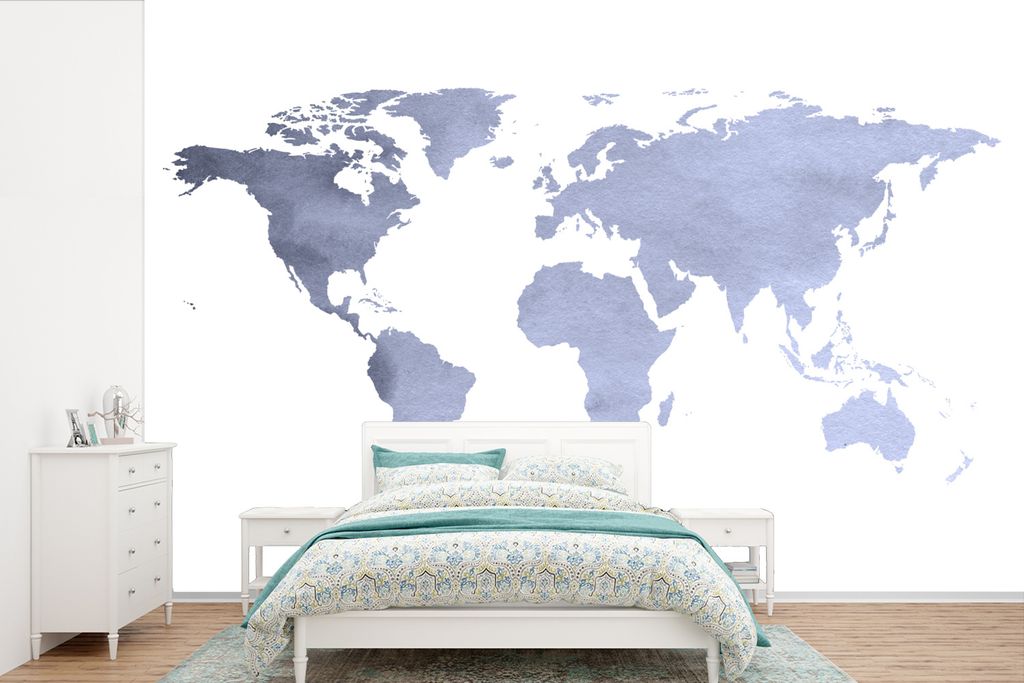 MuchoWow Fototapete für Wohnzimmer oder Schlafzimmer Wandtapete Vinyl Motivtapete Weltkarte - Blau - Grau - 360x240 cm - Vinyl-Tapete