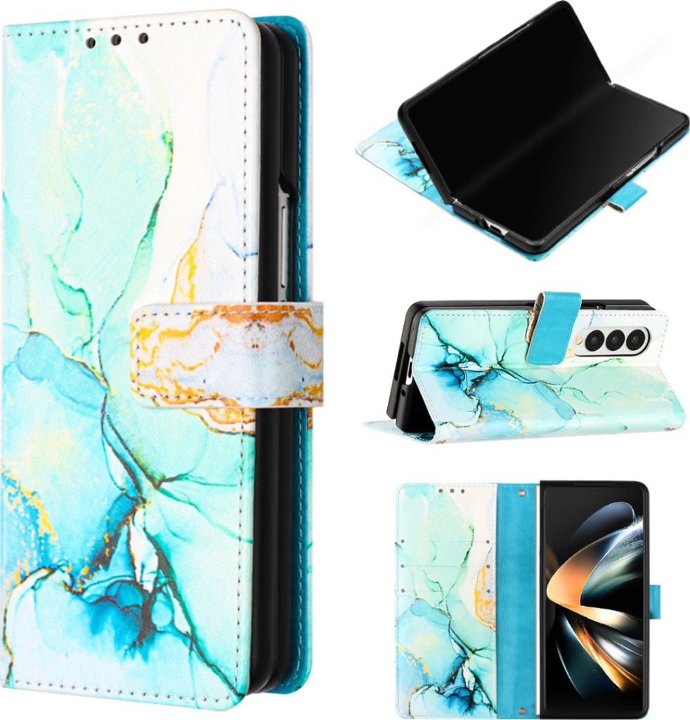 Galaxy Z Fold4 Hülle, Marmor Motiv Kunstleder Tasche Wallet Kartenfächer mit Standfunktion Klapp Schutzhülle für Samsung Galaxy Z Fold4 Grün