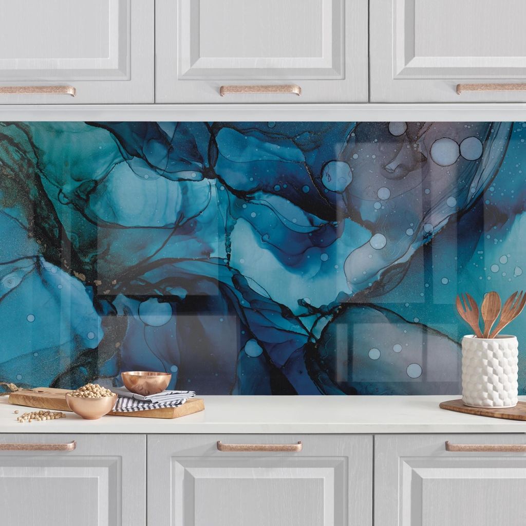 Küchenrückwand Muster selbstklebend - 0.35 mm Wandpaneel wasserfest Design petrol Aquarell Abstrakt Spritzschutz fugenlos
