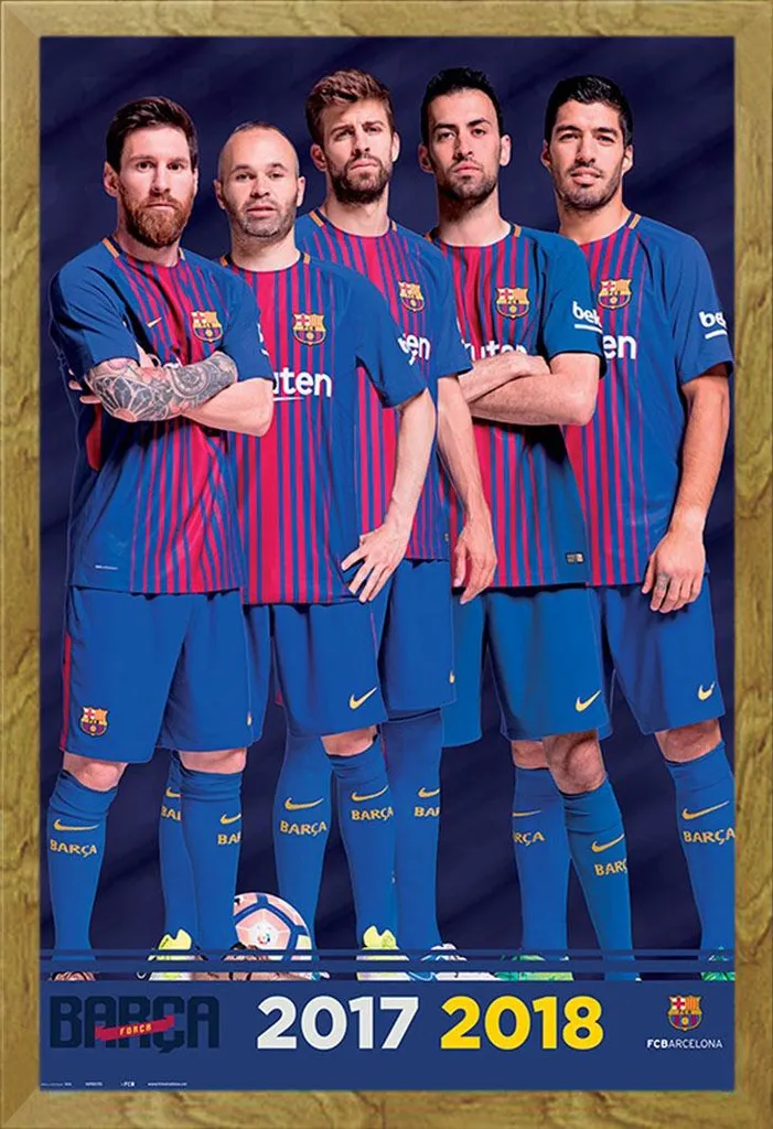 Poster FC Barcellona 2017/18 con Cornice Rovere - Memorabilia Ufficiale