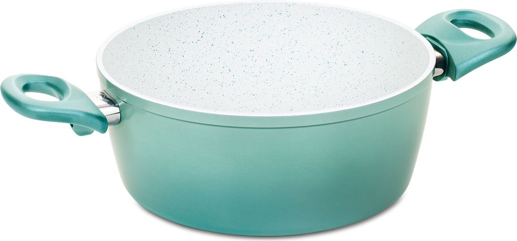 A teal pot with a speckled white interior and teal handles is shown against a white background.