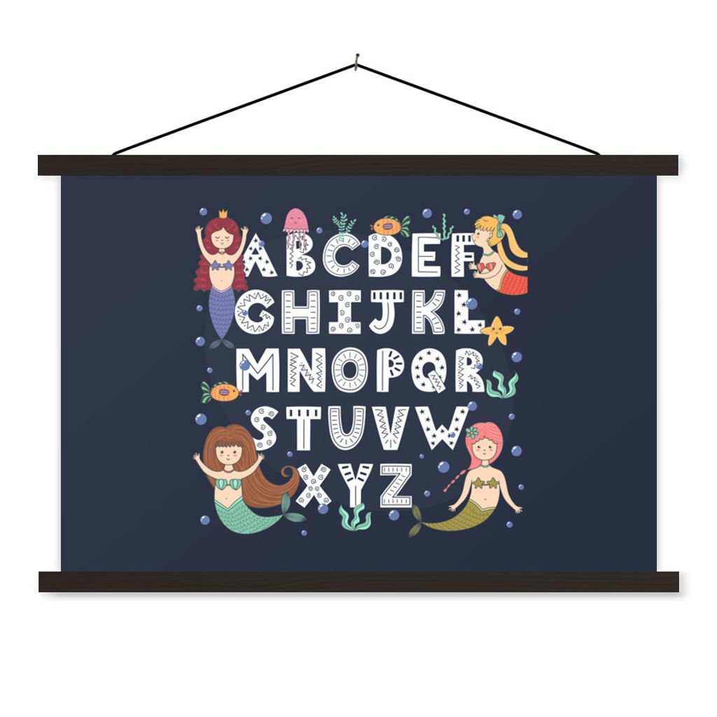 MuchoWow Textilposter Illustration Alphabet mit Meerjungfrauen 90x60 cm mit schwarzem Rahmen - Aufhängungssatz