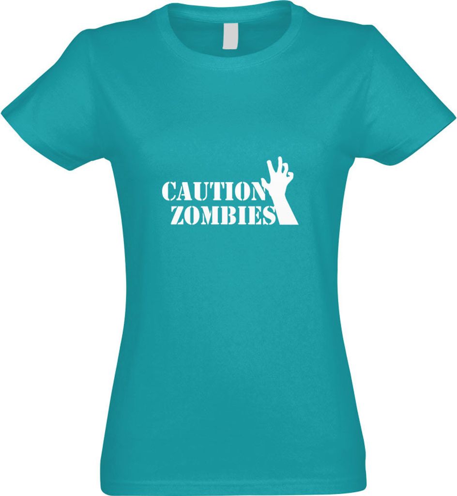 Kiwistar - T-Shirt tailliert - Damen - türkis - Caution Zombies - mit Motiv Bedruckt - Funshirt Design - Sport - Freizeit - Damen - XL