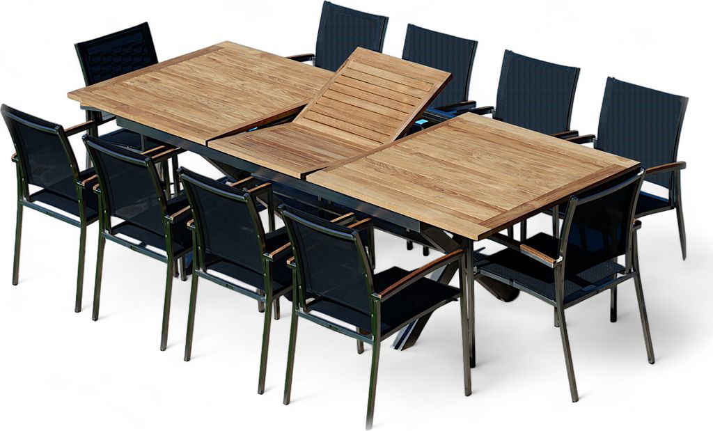 ALEOS. Gartengarnitur Edelstahl Teak Set: Ausziehtisch 200-260x100 cm + 10 Sessel stapelbar Edelstahl Gewebe schwarz Sitzgruppe A-Grade Teakholz - ...