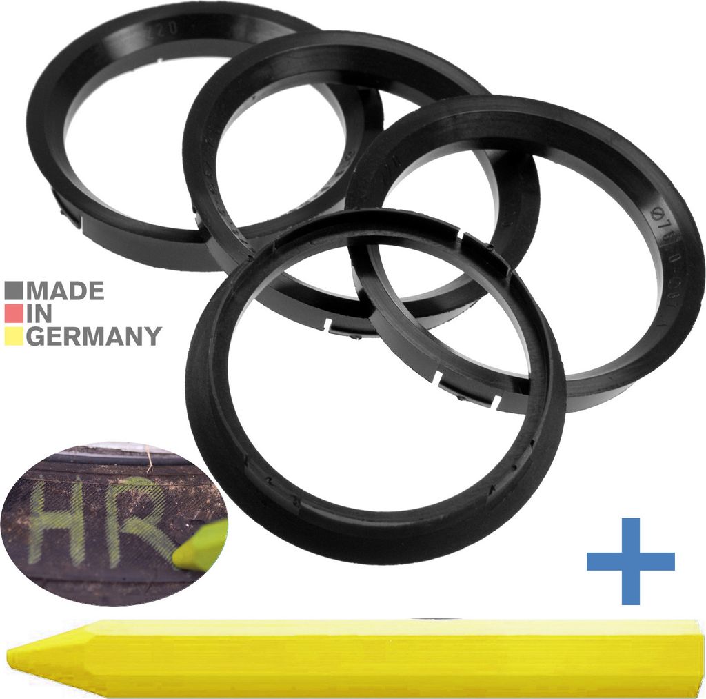 4X Zentrierringe 76,0 x 67,1 mm Schwarz Felgen Ringe + 1x Reifen Kreide Fett Stift