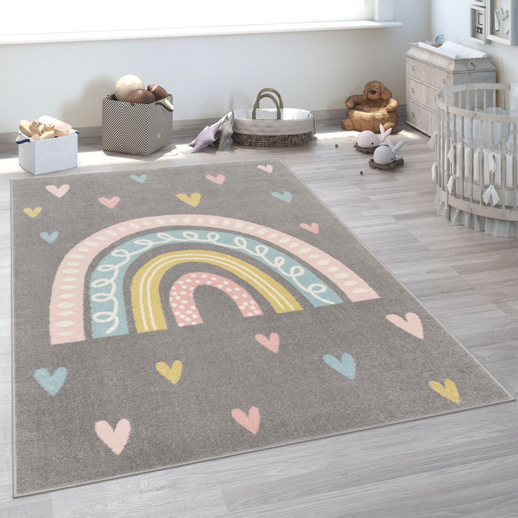 Farbe:Grau Paco Home Kinderteppich Teppich Kinderzimmer Spielmatte Babymatte Tiere Regenbogen Herz Grösse:80x150 cm 