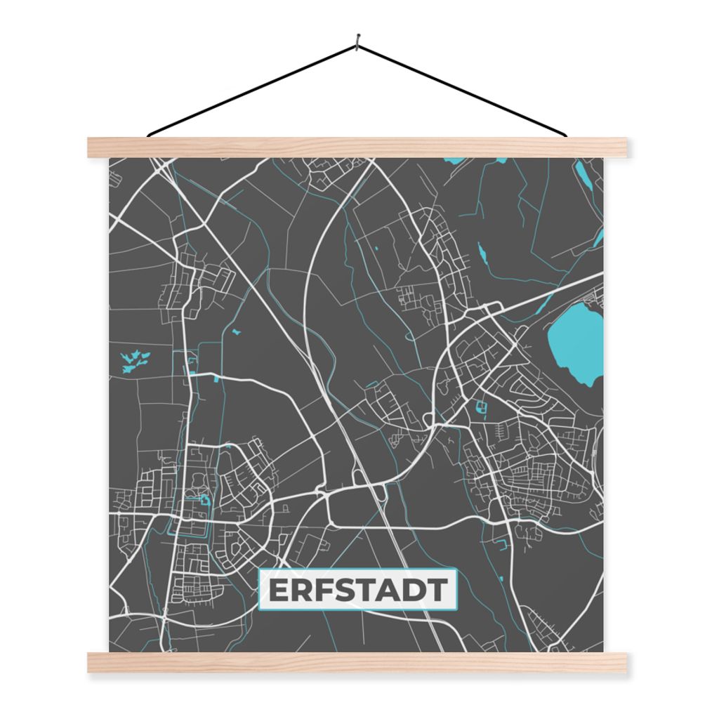 MuchoWow Textilposter Deutschland - Blau - Erfstadt - Stadtplan - Karte 120x120 cm mit holzfarbenen Rahmen - Textil-Poster