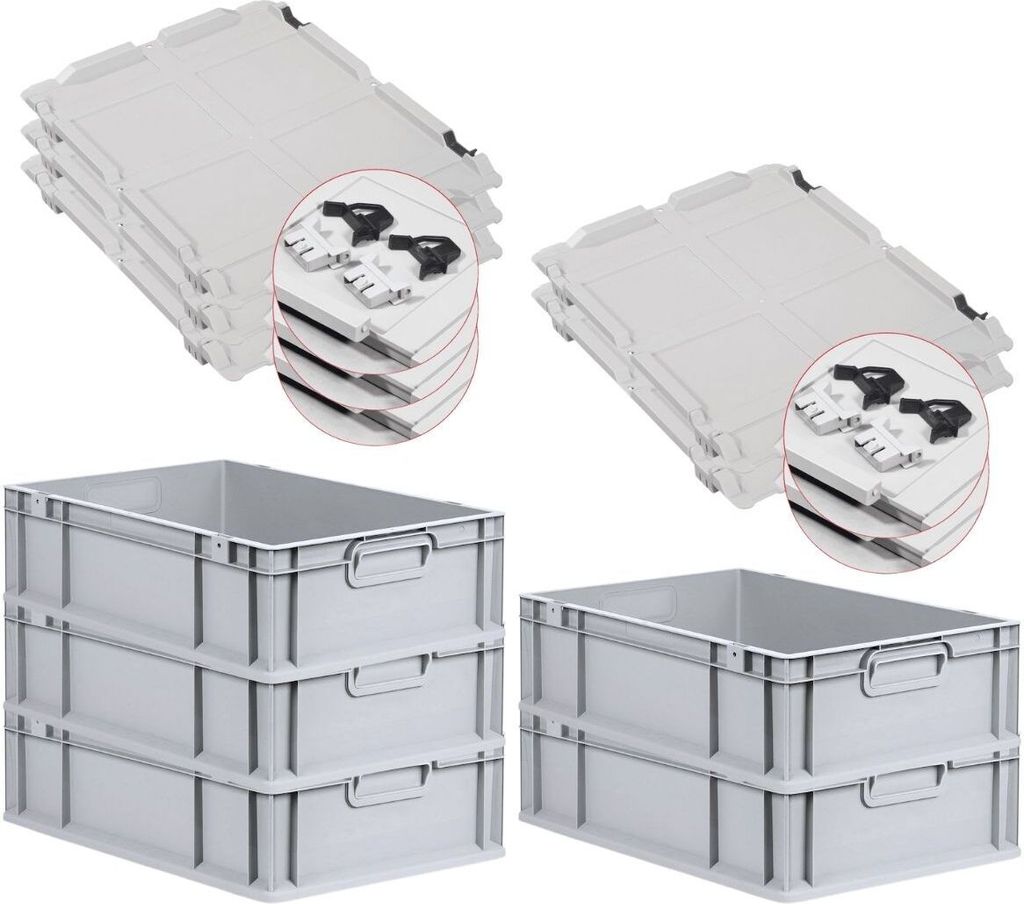 SuperSparSet 5x Eurobox NextGen Economy mit Scharnierdeckel und schwarzen Schiebeschnappverschlüssen | Griffe geschlossen | HxBxT 17x40x60cm | 34 ...