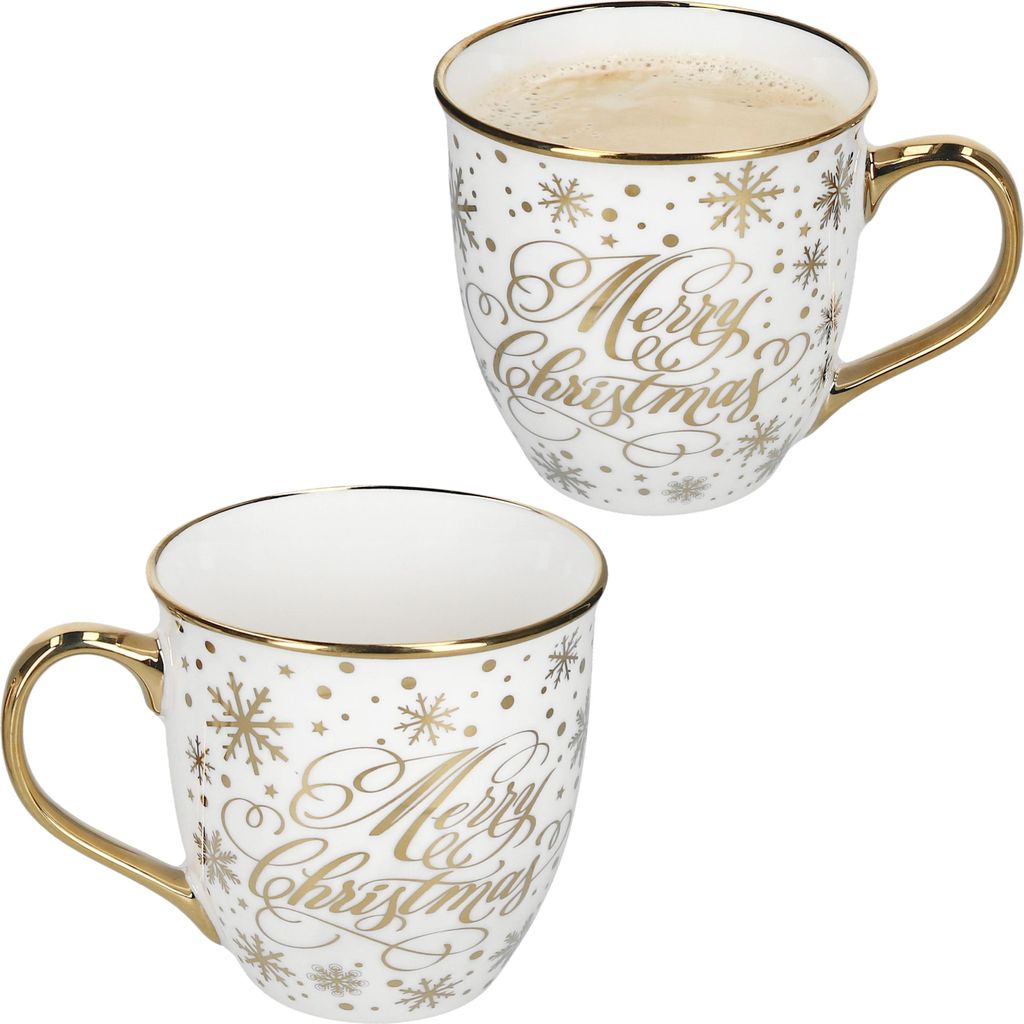 2er Set Jumbobecher 450 ml Merry Christmas Weiß Gold Tee-Tasse Kaffee