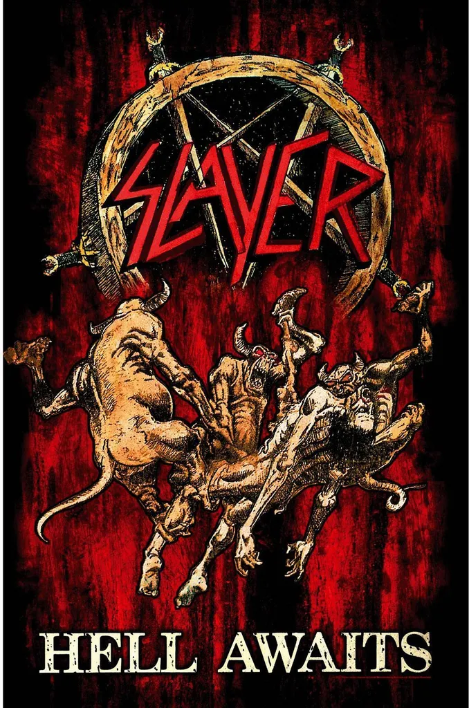 Drapeau Slayer Hell Awaits Rouge et Or - Tissu Haute Qualité RO5459 Pro