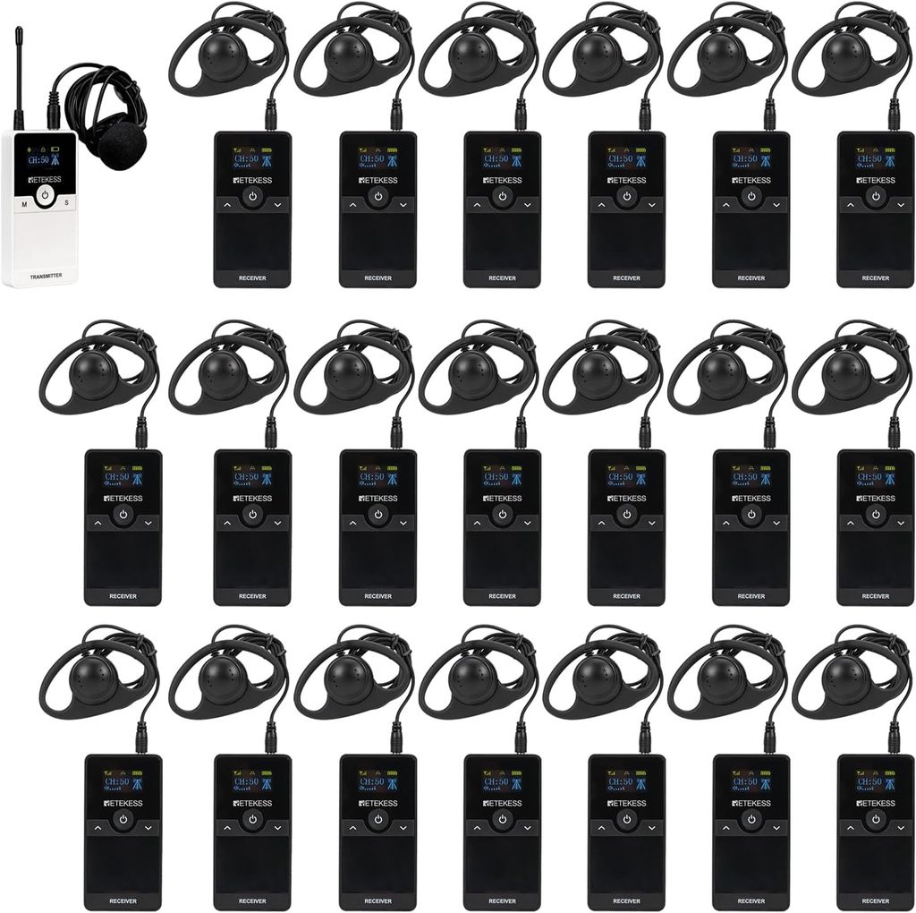 A collection of wireless tour guide systems arranged in rows on a white background.