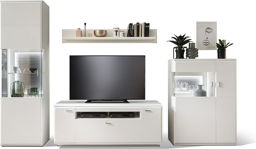 Amora Wohnwand bestehend aus Vitrine, Lowboard, Highboard und Wandboard