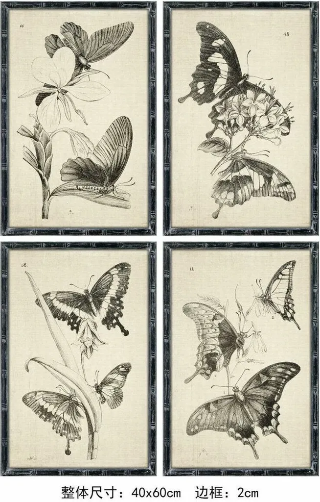 Tableau DKD Home Decor Papillons Cottage 40x60 cm - Lot de 4 Pièces