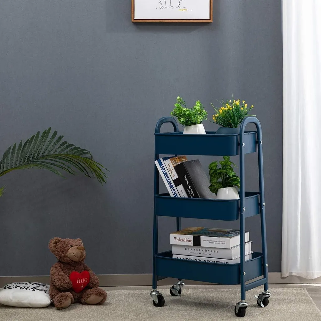 Organiseur trolley pour cuisine et bureau, chariot 3 étages bleu