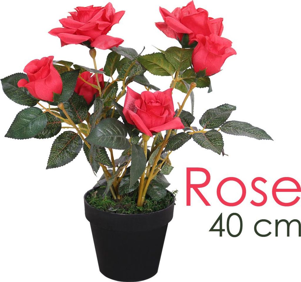 Rose Rosenstock Rosenbusch Kunstpflanze Künstliche Pflanze mit Blüten Rot 40 cm Kunstblume Innendekoration Kunst Pflanze wie echt im Topf Decovego