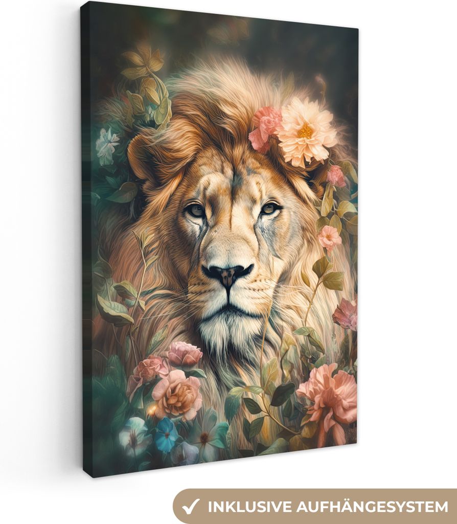 MuchoWow - Leinwandbilder - Löwe - Löwenkopf - Wilde Tiere - Blumen, Wandbild, Wanddeko Bilder Wohnzimmer, 40x60 cm