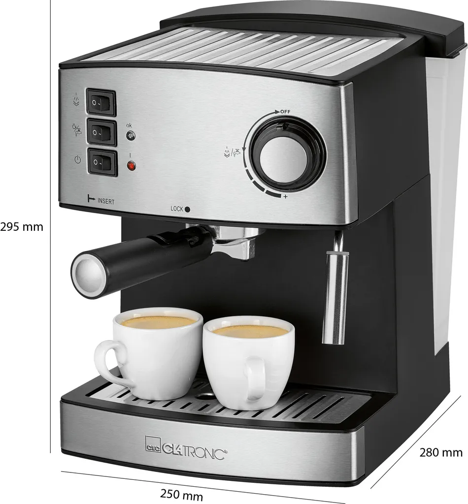 Clatronic ES 3643 Machine à Espresso Inox Noir 15 Bar pour Café Crémeux