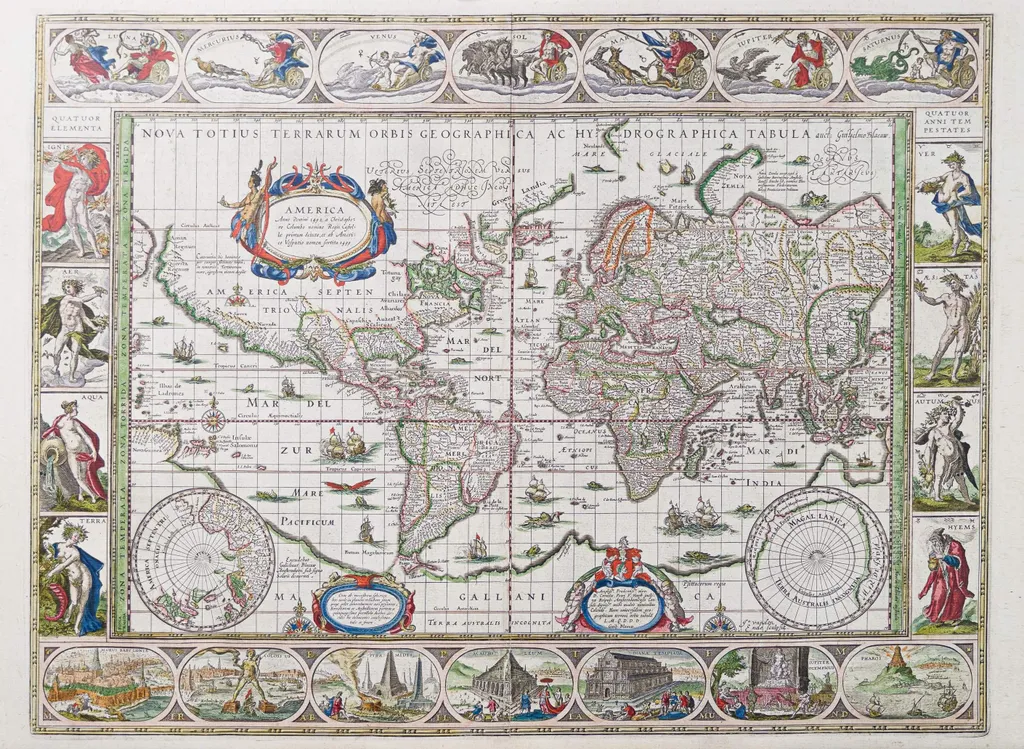 Habiller un grand mur vide : carte du monde sur toile Willem Blaeu 1635