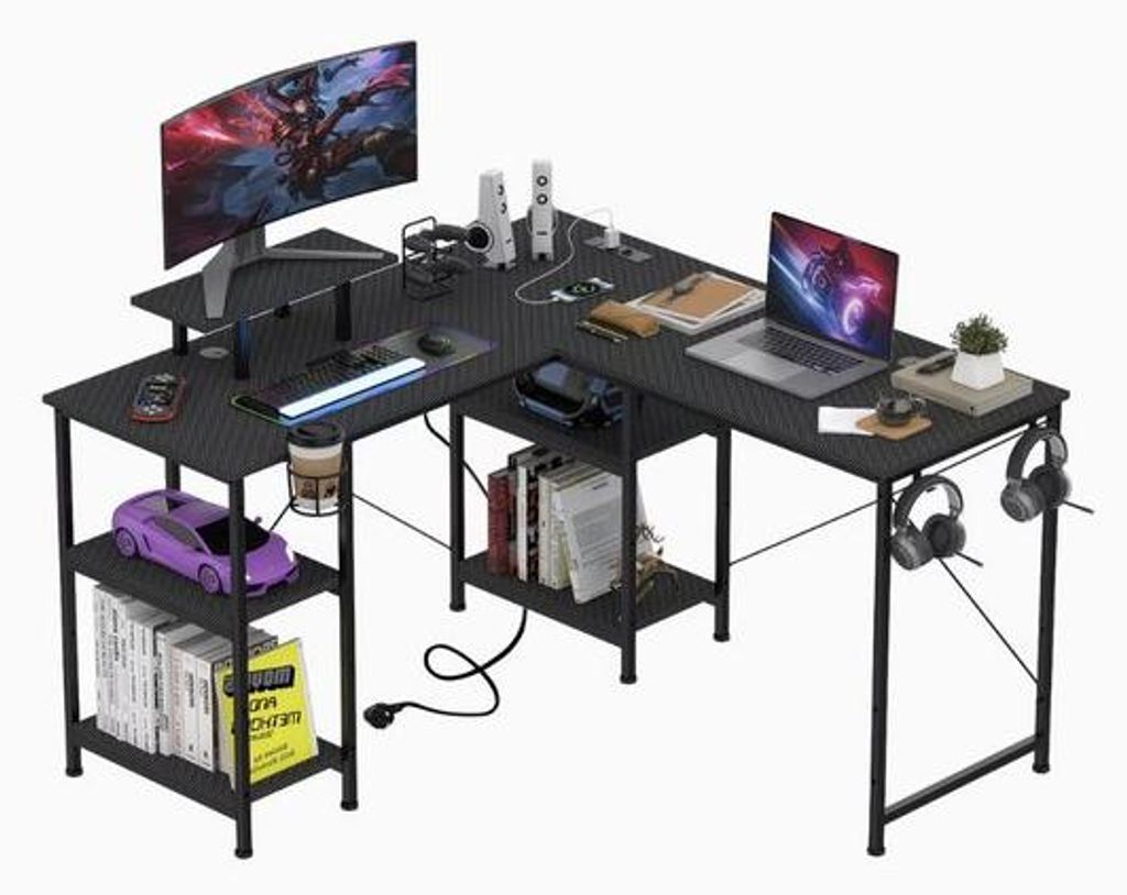 Großes L-förmiges Gaming-Tisch – Kohlefaser Oberfläche, Stabiles Metallrahmen – Trinkhalter & Kopfhörer Haken – 210×50 cm, Raumsparend u...