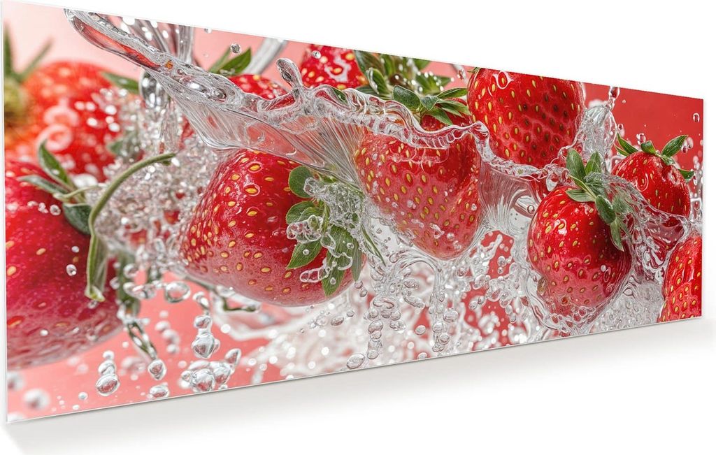 Glasbild 100x40cm in XXL für Wohnzimmer, Schlafzimmer Motiv Erdbeerspritzer