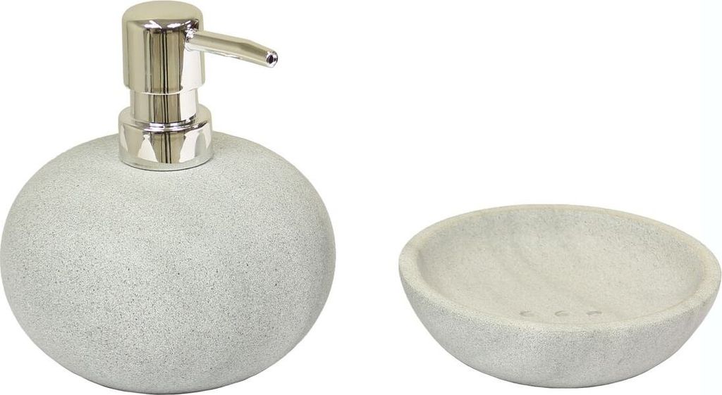 2er Badezimmer Set Seifenspender aus Basanit mit Seifenschale Naturstein Stein Bad Deko Steinseifenspender Hellgrau Natur Nr. 7