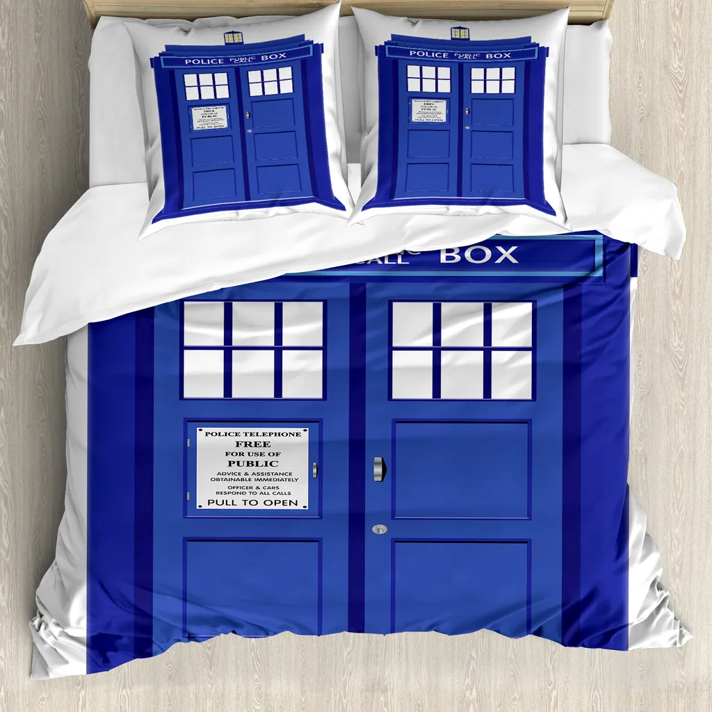 ABAKUHAUS Copripiumino Polizei, blu Brit Phone Box, antiacaro, adatto a chi soffre di allergie, con federe, 200 cm x 200 cm - 80 x 80 cm, blu e bianco